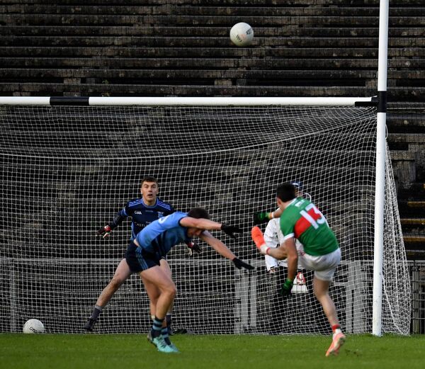 Clincher: Ballina Stephenites captain, Evan Regan, scores the winning point in added time to clinch his team’s three-in-a-row Moclair Cup victory over Westport in the Connacht Gold Mayo GAA senior football championship final replay at Hastings Insurance MacHale Park last Saturday. Picture: David Farrell Photography 