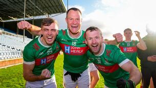 <p>Mayo Senior Football Championship Final Replay, Ballina Stephenites' Luke Doherty, Ciaran Sweeney and Rory Tighe celebrate at full time</p> <p>Mayo Senior Football Championship Final Replay, Ballina Stephenites' Luke Doherty, Ciaran Sweeney and Rory Tighe celebrate at full time</p>