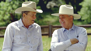 <p>Former US President Ronald Reagan, left, and former Soviet President Mikhail Gorbachev don cowboy hats while enjoying a moment at Reagan's Rancho del Cielo north of Santa Barbara, California, on May 2, 1992. 	Picture: AP Photo/Bob Galbraith, File</p>