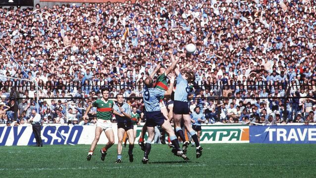 <p>TJ Kilgallon and Willie Joe Padden contest a high ball with Dublin's Brian Mullins and Jim Roynane during the All-Ireland Football semi-final in Croke Park in 1985. 	Picture: Ray McManus/Sportsfile</p>