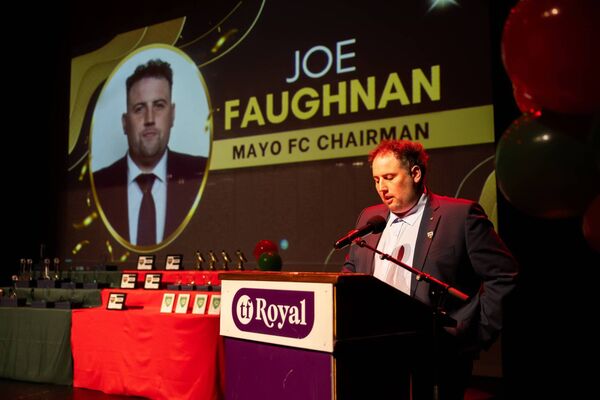 Mayo FC Chairman Joe Faughnan addresses the crowd in the TF Royal Theatre. Mayo FC Chairman Joe Faughnan addresses the crowd in the TF Royal Theatre.
