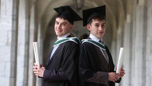 <p>Twins Stephen and Daniel Ferriter from Hollymount were conferred with an Honours Bachelor of Arts from University of Galway. Picture: Aengus McMahon</p>