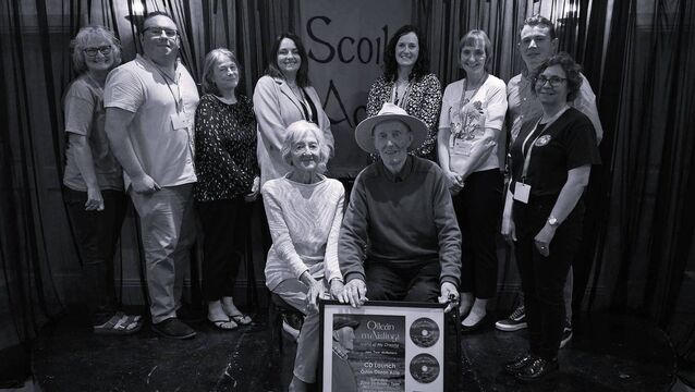 <p>The late John ‘Twin’ McNamara and his wife Mary pictured with the committee of Scoil Acla, who presented him with a framed CD and booklet of his song collection, 'Oileán m’Aislingí', taken at a recognition night in his honour during Scoil Acla’s Scoil Samhraidh 2023. Picture: courtesy of Scoil Acla</p>