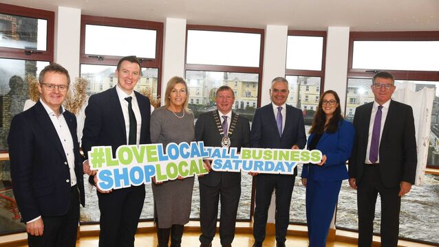 <p>Pictured at the launch of Small Business Saturday in Mayo were, from left: John Magee, Head of Mayo Local Enterprise Office; Senator Mark Duffy, Deputy Rose Conway Walsh, Cllr Sean Carey, Cathaoirleach, Mayo Co Council; Minister for Rural and Community Development and the Gaeltacht Dara Calleary; Deputy Keira Keogh, and Kevin Kelly, Chief Executive, Mayo County Council.</p>