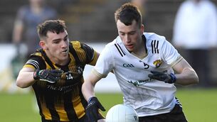 <p>Kilmeena’s Colin Hastings is closely marked by Strokestown’s Keith Murphy during the Connacht GAA AIB Intermediate Football Championship Club final at Hastings Insurance MacHale Park, Castlebar, this afternoon. Picture: David Farrell Photography </p>