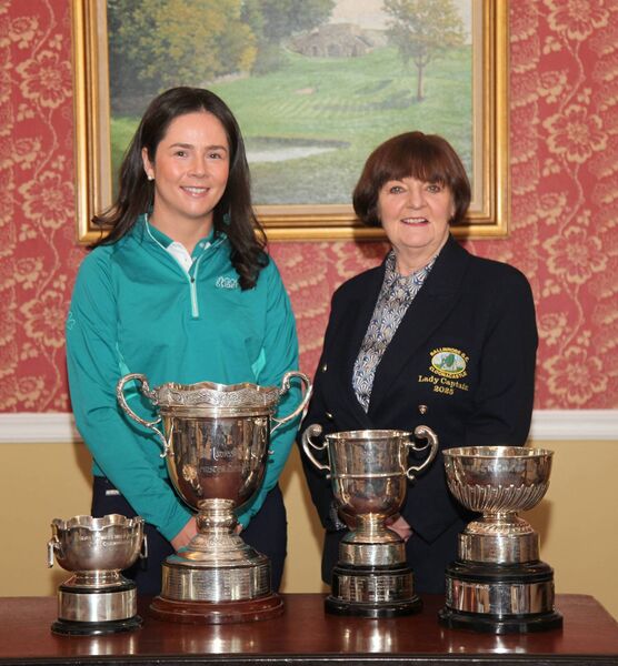 Ballinrobe Golf Club's Shannon Burke, left, with her Leinster Women's Championship, Connacht Women's Championship, Munster Women's Championship and the Irish Women's Mid -Amateur Championship. Also pictured here with the Ballinrobe Club Lady Captain Antoinette O'Connor. Picture: Trish Forde. Ballinrobe Golf Club's Shannon Burke, left, with her Leinster Women's Championship, Connacht Women's Championship, Munster Women's Championship and the Irish Women's Mid -Amateur Championship. Also pictured here with the Ballinrobe Club Lady Captain Antoinette O'Connor. Picture: Trish Forde.