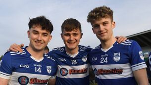 <p>Kiltimagh’s Jordan Henry, Jack Mahon and Mikey Flatley celebrate at the final whistle of the AIB Connacht Club JFC final at Páirc Seán Mac Diarmada, Carrick-on-Shannon, this afternoon. Picture: David Farrell Photography </p>