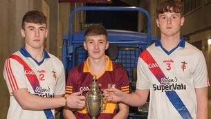 <p>St Jarlath's duo PJ Greally and Jason Jennings and Ballinrobe's Owen Corcoran pictured ahead of the U21 B final. Picture: Martin McIntyre</p>