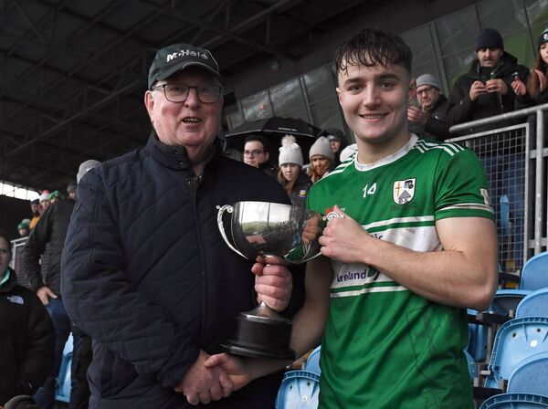 Michael Diskin, Vice-Chairman, Mayo County GAA Board, presents the Mayo GAA U21 C Cup to Tom Lydon, captain of the winning Neale team, at Hastings Insurance MacHale Park last Saturday. Picture: David Farrell Photography 