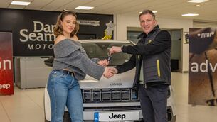 <p>Allie Sherlock is pictured at the handover with Ciaran Cusack, Communications and Brand Manager at Jeep Ireland.</p>