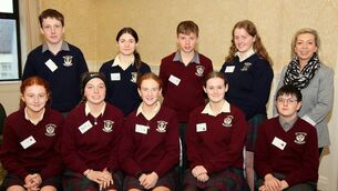 <p>Students from Ballyhaunis Community School at the Mayo Comhairle na nÓg Youth Conference 2025, with their teacher Catriona Murphy. 	Picture: Trish Forde</p>