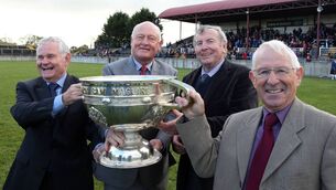 <p>Christy Tyrrell, Jimmy Duggan, Sean Meade and Colie McDonagh at Tuam Stadium with the Sam Maguire Cup in 2016 to mark the golden jubilee of Galway's famous three-in-a-row.</p>