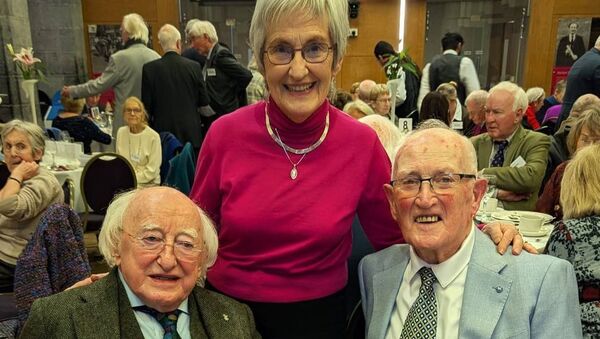 Gerry Murphy Belmullet with former Irish President Michael D Higgins at their recent NUIG 60th class reunion with his wife Mairín.