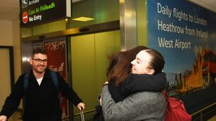 <p>Marie Fitzgibbon from Tuam (middle) greets her sister Emma Fitzgibbon and her fiance Ben Carty from Oxford at Ireland West Airport in Knock last Thursday.	Picture: John O'Grady</p>