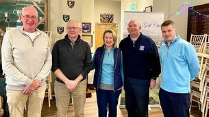 <p>Overall winners in the Ballina Golf Club Winter League are pictured with the incoming Club Captain, John Slater. From left are Kevin Heffernan, Tommy Cooke, Mary Tighe, Sean Walsh and John Slater.</p>
