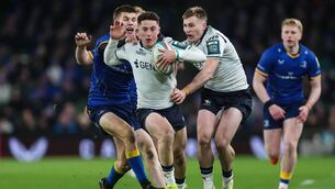 <p>Ballina native Harry West evades Leinster's Sam Prendergast while supported by Connacht teammate Finn Treacy during last Saturday's BKT United Rugby Championship match at Aviva Stadium, Dublin.	Picture: INPHO/James Crombie</p>