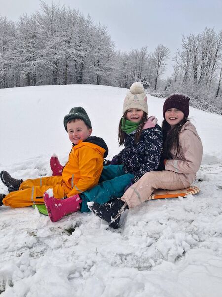 Cousins Noah Joyce, Emma Ryan and Éabha Joyce sledging in Swinford. Cousins Noah Joyce, Emma Ryan and Éabha Joyce sledging in Swinford.