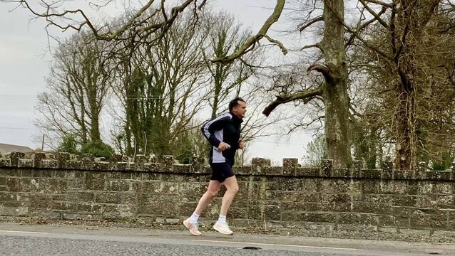 <p>The local venerated veteran athlete Adrian Burke is ahead of the field! The Clogher Marathon specialist is pictured striding out, shedding that extra Christmas poundage at the recent Ballintubber Turkey Trot. Picture by Tom Quinn.</p>