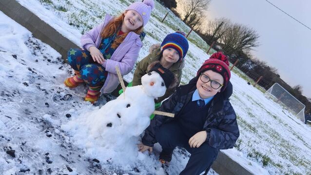 <p>Imogen, Noah and Caleb Gilmartin, with their snowman in Bonniconlon last week.</p>
