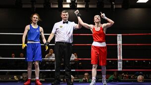 <p>Shannon Sweeney of St Anne's BC, right, celebrates after victory over Rachel Lawless of St Brigid's in Edenderry, Offaly, during the 51kg quarter-final bout on day one of the 2026 National Elite Boxing Championships at the National Stadium in Dublin. Picture: Piaras Ó Mídheach/Sportsfile</p>
