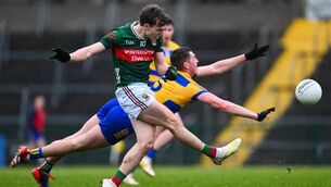 <p>Diarmuid Duffy of Mayo shoots on goal despite the efforts of Caelim Keogh of Roscommon during the FBD Connacht League match between Mayo and Roscommon at King & Moffatt Dr Hyde Park in Roscommon. Picture: Tyler Miller/Sportsfile</p> <p>Diarmuid Duffy of Mayo shoots on goal despite the efforts of Caelim Keogh of Roscommon during the FBD Connacht League match between Mayo and Roscommon at King & Moffatt Dr Hyde Park in Roscommon. Picture: Tyler Miller/Sportsfile</p>