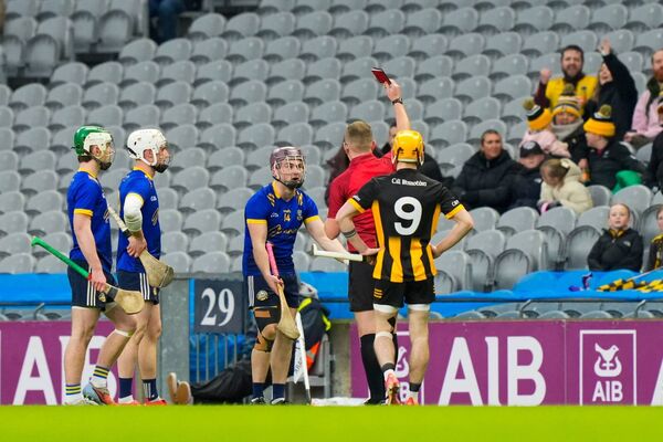 Referee Eamonn Furlong controversially flashes a red card to Easkey attacker Andrew Kilcullen.