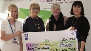 <p>The Kitchen Table Crew committee, Kilkelly (Phil Noyes, Carmel Williams and Nuala Lyons) presenting a cheque of €4000 to Cancer Care West from the proceeds of their 2026 Charity Calendar "Plates for Dates”.</p>