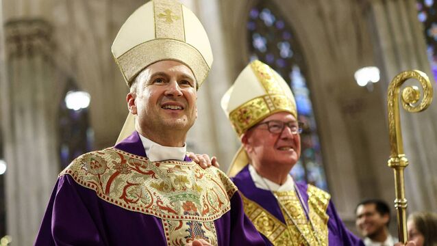 <p>Cardinal Timothy Dolan (right) and his successor Ronald Hicks arrive to lead a mass at St Patrick's Cathedral in New York City on December 18, 2025. 	Picture: Charly Triballeau/AFP via Getty Images</p>