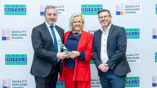 <p>Stephen Clarke and Evie Murphy, from the Great National Hotel Ballina, are pictured with Irish Hotels Federation (IHF) Chief Executive, Paul Gallagher at the inaugural Quality Employer Awards where they were awarded Quality Employer Advanced Level Certification in recognition of achievements in HR best practices and people management.</p>