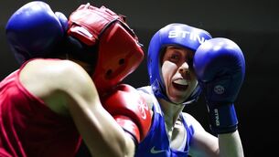 <p>Shannon Sweeney (blue) of St Anne's Boxing Club, Westport in action against Daina Moorehouse in the 2026 National Elite Championship Semi-Finals in the National Stadium, Dublin on Friday night. Photo: INPHO/Dan Clohessy</p>