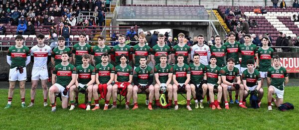 The Mayo squad that lined out for last Sunday's FBD Connacht Senior Football League Final in Tuam. Back row, from left: Oisin Jordan, David Dolan, Tom Lydon, Luke Jordan, Fenton Kelly, Kuba Callaghan, Jack Carney, Dylan Thornton, Darragh Joyce, Jack Livingstone, Stephen Coen, Nathan Moran, Adam Barrett, Eoin McGreal. Front, from left: Frank Irwin, Diarmuid Duffy, Liam Golden, Sam Callinan, Niall Hurley, John MacMonagle, Cian McHale, Fergal Boland, Cathal Kaveney, Liam Donoghue, Colm Lynch, Paul Towey.	Picture: INPHO/Andrew Paton