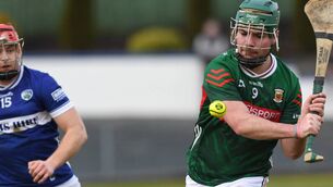 <p>Mayo’s Oisín Ivers in action against Laois’s Tomás Keyes during the National Hurling League Division 2 Round 1 tie at Adrian Freeman Memorial Park, Tooreen, on Sunday afternoon. Picture: David Farrell Photography </p>