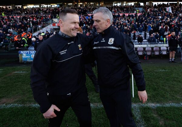 Mayo manager Andy Moran with his Galay counterpart Pádraic Joyce after the game.	Picture: INPHO/James Crombie