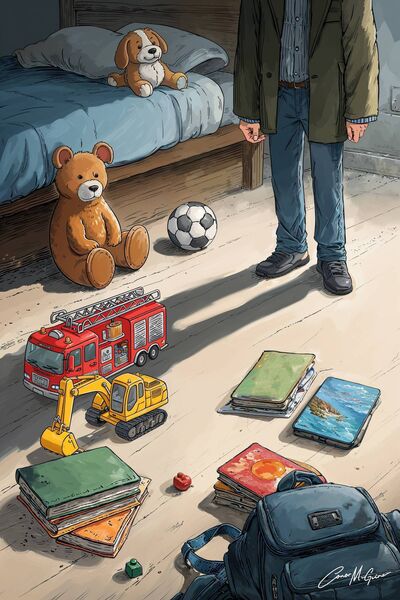 But late at night or in the winter dusk, when the house settles into its own rhythms, I sometimes walk past his room, and I pause there, just for a moment, remembering all the versions of him that grew up in that space. Illustration: Conor McGuire