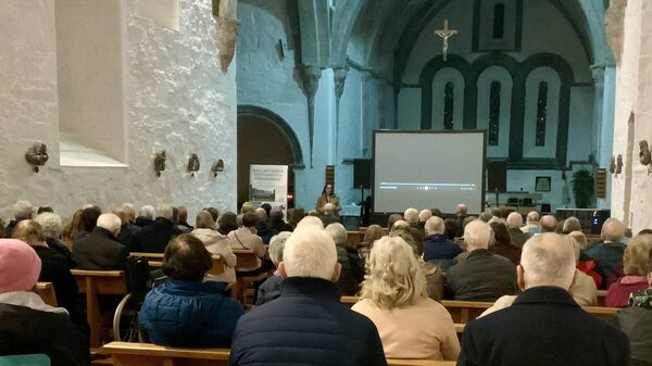 Deputy Keira Keogh, TD, addressed the large attendance prior to the screening of “A Pilgrimage Reborn” Ireland West Camino in Ballintubber Abbey. Picture by Tom Quinn