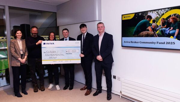 Clogher Environmental Group CLG received funding through the 2025 Aviva Broker Community Fund. Pictured at the presentation of the cheque are from left; Rachael Larney (Sustainability Executive, Aviva Ireland), Michael Kingdon Community Environment Officer, Alicia McSharry CE Scheme Supervisor, Finian Bourke Secretary Clogher Environmental Group CLG, John Kerrigan (Hastings Insurance), Steve McGerr (Sales Director, Aviva Insurance Ireland DAC).