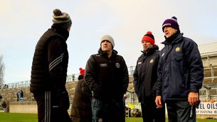 <p>O'Byrne Cup, Bord na Mona O'Connor Park, Tullamore, Offaly 8/1/2022 Offaly vs Dublin Offaly selectors Gerry O’Malley, Kevin Guing, Tomas O’Se and manager John Maughan after the game Mandatory Credit ©INPHO/James Crombie</p>