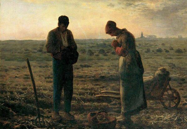 The famous painting, The Angelus, by French artist Jean-François Millet, has an unusual background. The famous painting, The Angelus, by French artist Jean-François Millet, has an unusual background.