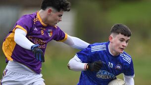 <p>Thady Breathnach of St Brendan's in action against Dillon Sheridan of St Tiernan's during the Connacht PPS Senior 'D' football final at Bonniconlon on Saturday afternoon.	Picture: David Farrell Photography </p>