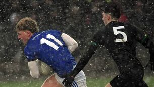 <p>Balla’s Liam Glynn races past Gortnor Abbey’s Eoin Dyra during a heavy shower of sleet in the Connacht PPS Senior 'C' football final at Bekan last Saturday. Picture: David Farrell Photography </p> <p>Balla’s Liam Glynn races past Gortnor Abbey’s Eoin Dyra during a heavy shower of sleet in the Connacht PPS Senior 'C' football final at Bekan last Saturday. Picture: David Farrell Photography </p>