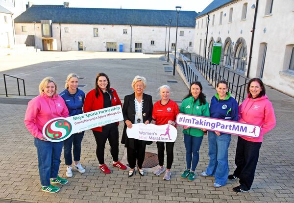 Pictured at the Innovation Quarter in Ballina ahead of the launch of the Mayo.ie Western People Women's Mini-Marathon were, from left: Deirdre Donnelly, Mayo Sports Partnership; Cora Staunton, Mayo Sports Partnership; Lisa Coyne, Mayo County Council; Cllr Annie May Reape, Ann Egan, Ballina Athletic Club; Anne Grealish, Athletics Ireland; Alma Loftus, Moy Valley Athletic Club and Nora Stapleton, Sport Ireland. Picture: John O'Grady