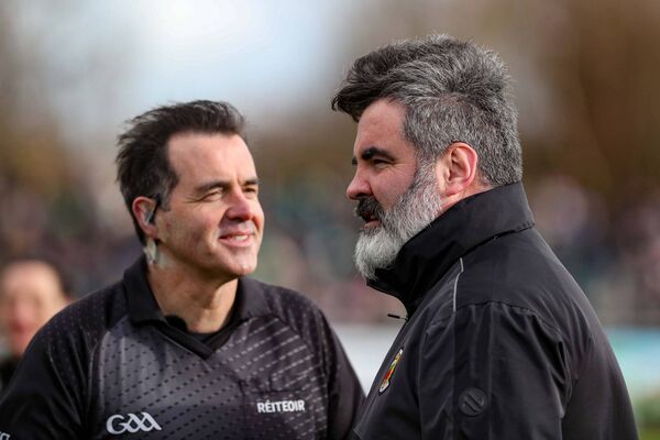  Mayo goalkeeping coach Paul Durcan, seen with match referee Sean Hurson, was on familiar ground last Sunday as the ex-Donegal goalkeeper saw his home county get the better of the Green and Red.	Pictures: INPHO/Lorcan Doherty