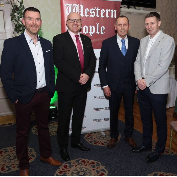 From right to left, special guest Tomás Ó Sé, Hall of Fame recipient Martin Hennigan and the Western People's Aidan McNulty and Anthony Hennigan at the 2025 Western People Mayo Sports Stars Awards in Breaffy House Hotel earlier this month.	Picture: Michael Donnelly