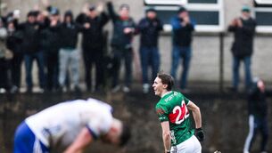 <p> Mayo's Kobe McDonald celebrates after scoring his side's second goal in the Allianz Football League Division 1 tie against Monaghan at St Tiernach's Park in Clones. Picture: INPHO/Tom Maher</p>