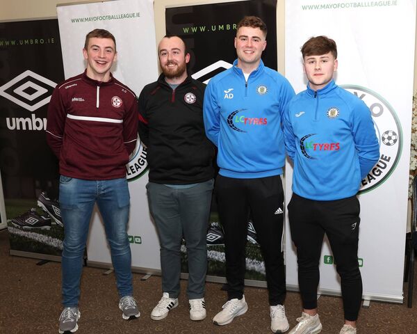 Pictured at the 2026 Mayo Football League launch night in the TF Royal Hotel are Sean Gallagher and Patrick Lindsay (both Crossmolina AFC), and Luke McNicholas and Aidan Dunleavy Jnr (both Swinford FC). Picture: Michael Donnelly