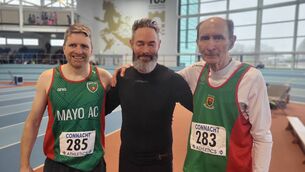 <p>Men's 60m competitors at Connacht Indoors Championships in Athlone. From left, Paul Kelly, Mayo AC, silver, M35 in 9.09; Cormac Kearney Craughwell AC, gold, M35 7.92; Paddy Kearney, Mayo AC, gold, M65 in 10.59.</p>