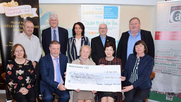 <p>Representatives of the Arch Club in Ballina being presented with a cheque for €500 in 2019. Back row, from left: Brendan Chambers, Bernard O'Regan, Caroline Costello, Steve O'Donnell and Tom Collins. Front row: Julie Chambers, Dara Dunne, Anne Friel, Cora Farrell and Carmel Reilly. </p>
