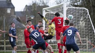 <p>Ball in net! Shane Finnerty’s corner curls in past the Ballinrobe defence to put Glenhest in front. Picture: John Corless</p>