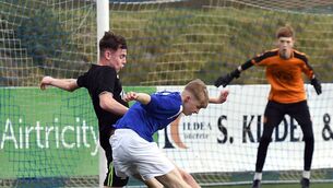 <p>Balla’s Ryan Judge has his effort blocked during the FAI Schools National Senior B soccer final at Athlone Town AFC. Picture: David Farrell Photography </p>