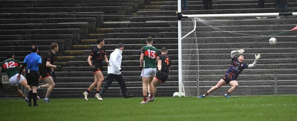  Jordan Flynn (far left of picture) fires home Mayo's opening goal in last Sunday's National Football League Division 1 victory over Armagh. Picture: David Farrell Photography
